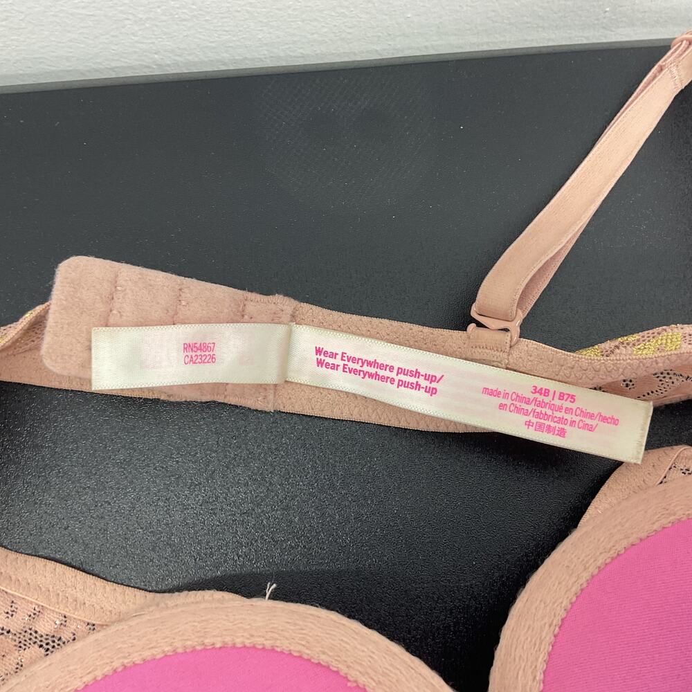 Pink Beige & Gold Leopard Print Push Up Bra Womens Size 34B Nylon Blend Preowned - Picture 4 of 5